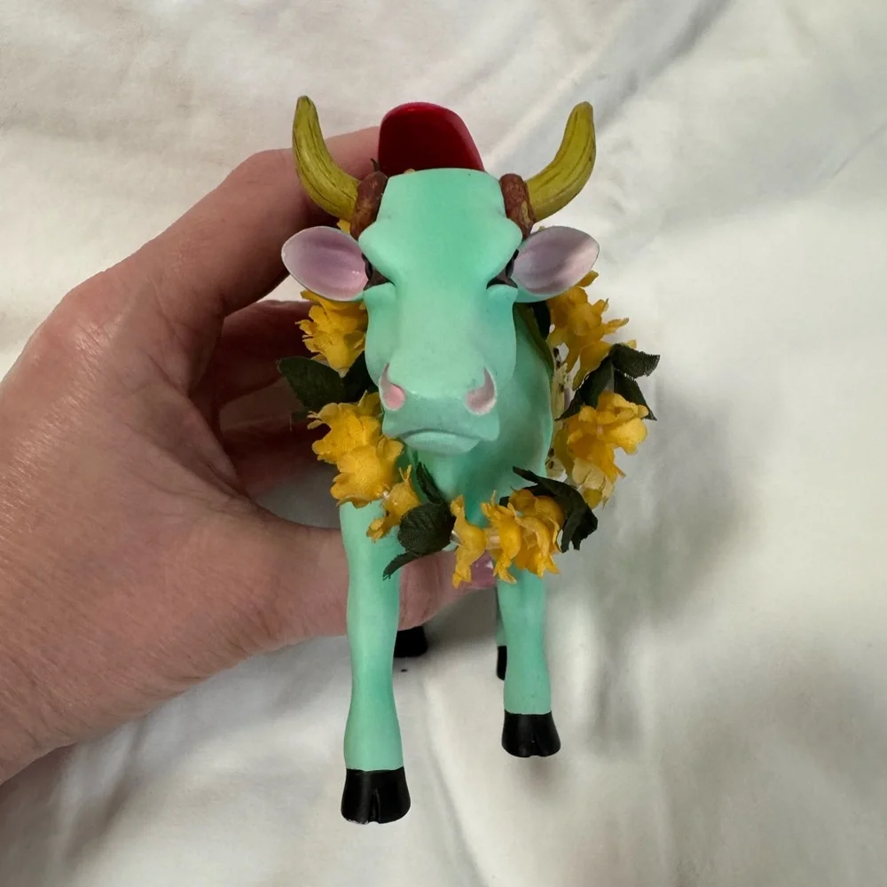 Mint Green Cow Figurine with Surfboard – Cute Beachy Novelty Decor
